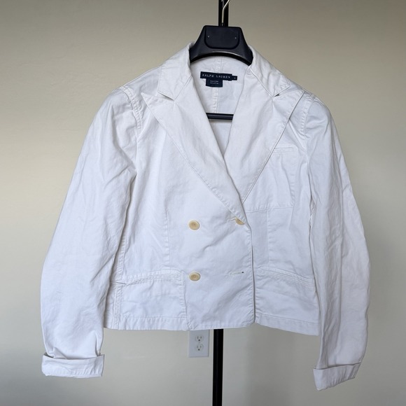 Vintage 2000's Ralph Lauren Cotton Blazer Cropped Jacket Sz 6 White Wide Lapel - Picture 3 of 12